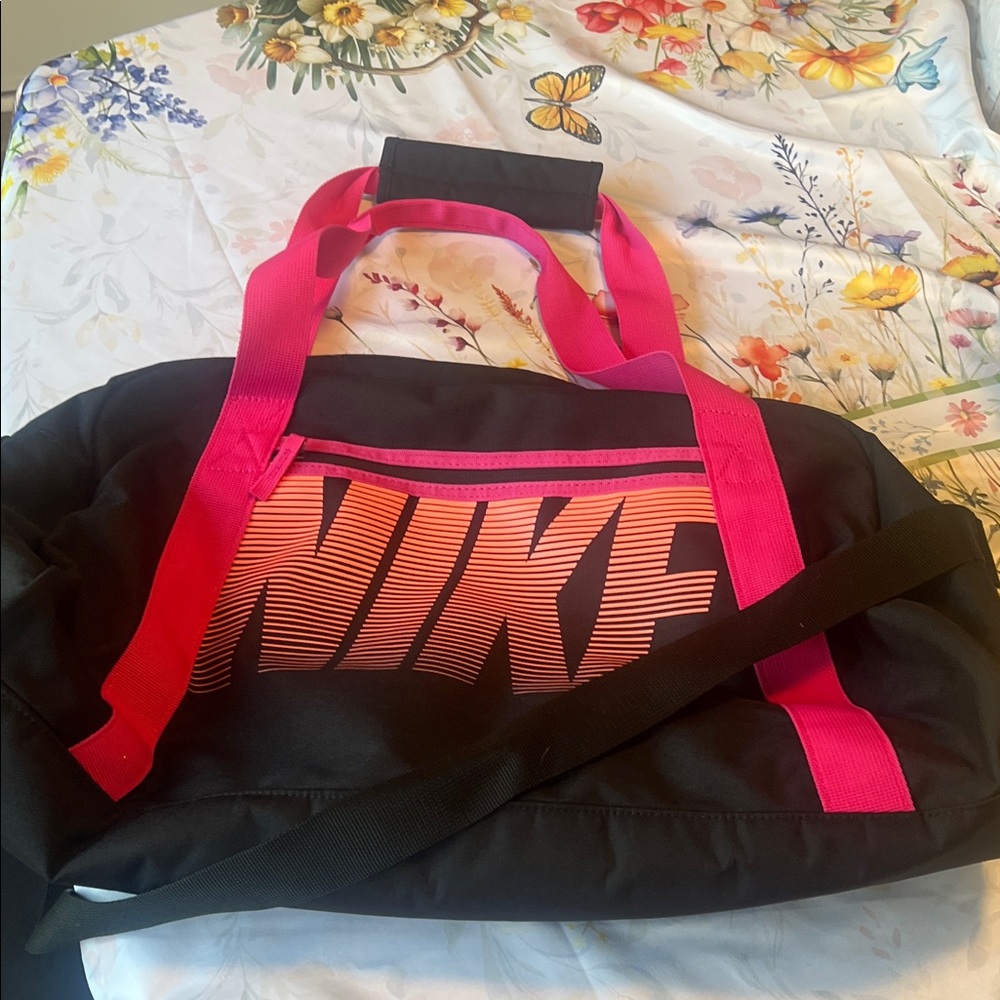 Nike Black Duffel with Pink Straps and Orange Gradient Logo